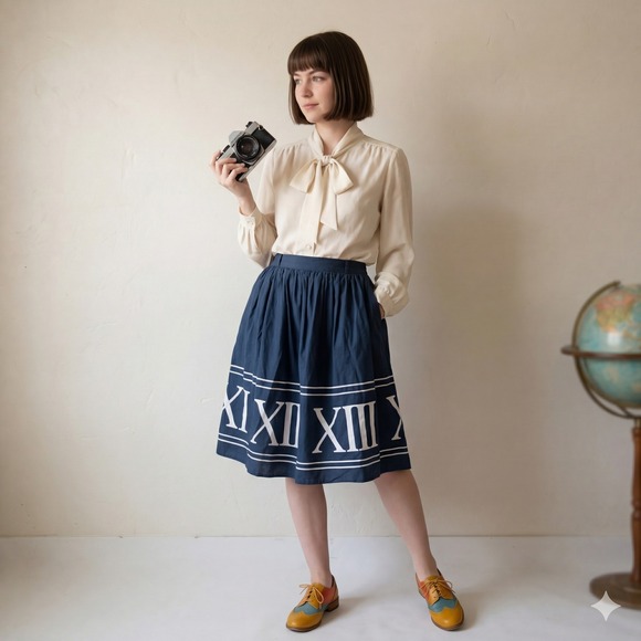 Modcloth Dresses & Skirts - ModCloth Skirt Women XL Navy Blue Roman Numeral Clock Print A-Line Whimsigoth